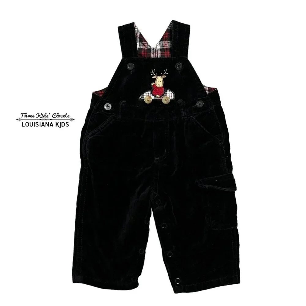 Children's Place 3-6m Black Velour Reindeer Car Holiday Appliqué Overalls